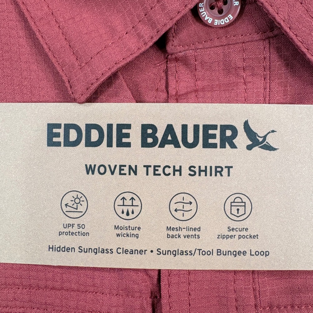 Eddie Bauer Woven Tech Shirt Mens Large Red Short Sleeve UPF 50 Ripstop Hiking - Picture 3 of 6